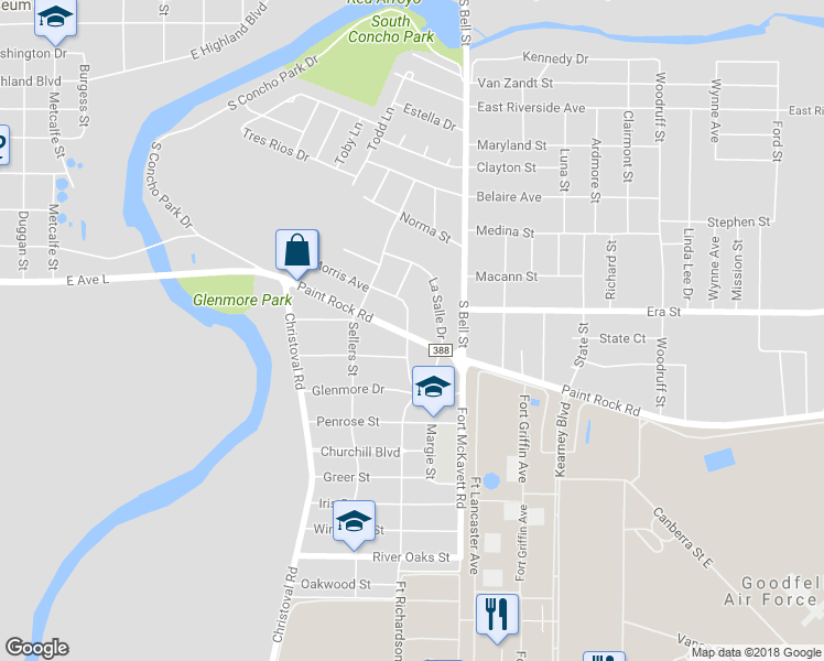 map of restaurants, bars, coffee shops, grocery stores, and more near 304 Paint Rock Road in San Angelo