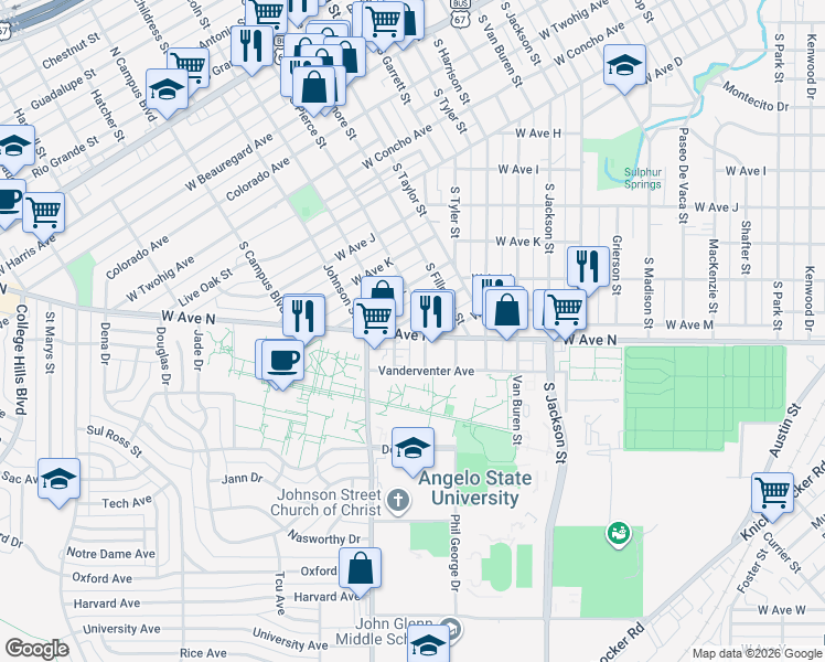 map of restaurants, bars, coffee shops, grocery stores, and more near 1801 South Pierce Street in San Angelo