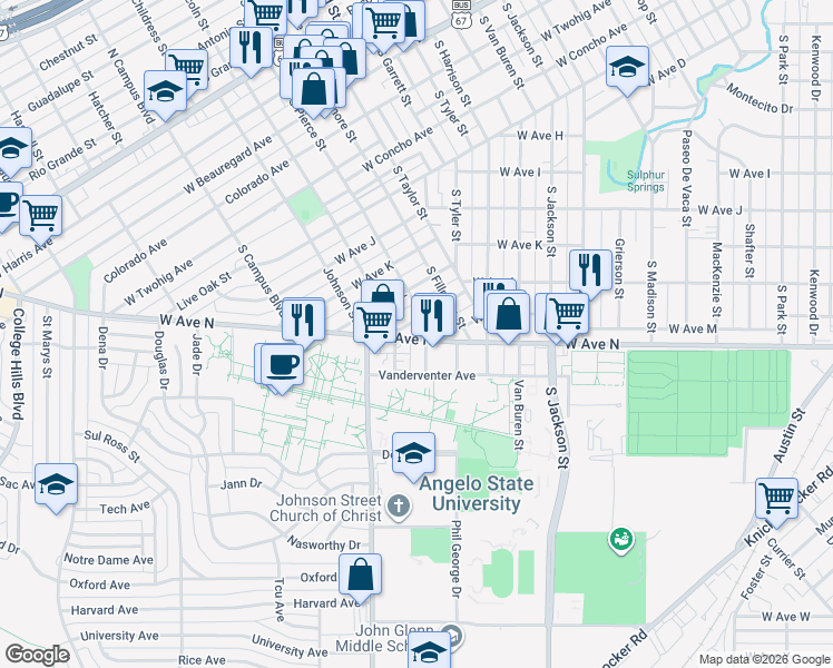 map of restaurants, bars, coffee shops, grocery stores, and more near 1801 South Pierce Street in San Angelo