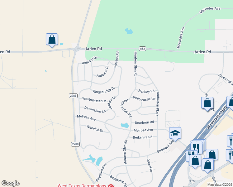 map of restaurants, bars, coffee shops, grocery stores, and more near 1084-1160 Ashford Drive in San Angelo