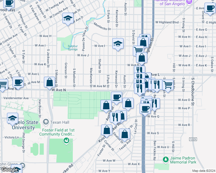map of restaurants, bars, coffee shops, grocery stores, and more near 1716 South Park Street in San Angelo