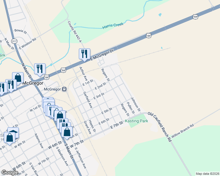 map of restaurants, bars, coffee shops, grocery stores, and more near 515 East 3rd Street in McGregor