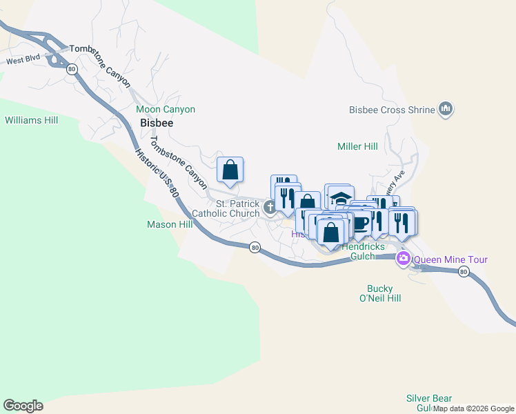 map of restaurants, bars, coffee shops, grocery stores, and more near 304 Curve Street in Bisbee
