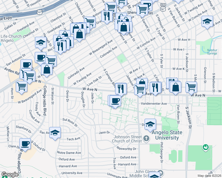 map of restaurants, bars, coffee shops, grocery stores, and more near 2601-2661 W Ave N in San Angelo