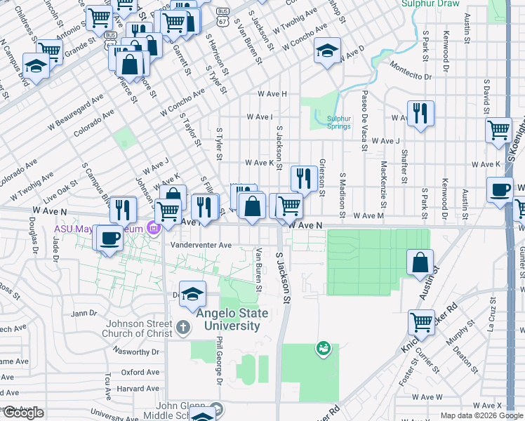 map of restaurants, bars, coffee shops, grocery stores, and more near 1609 South Jackson Street in San Angelo