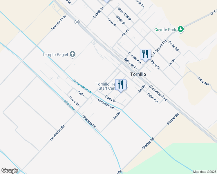 map of restaurants, bars, coffee shops, grocery stores, and more near 190 Flor Del Rio Drive in Tornillo