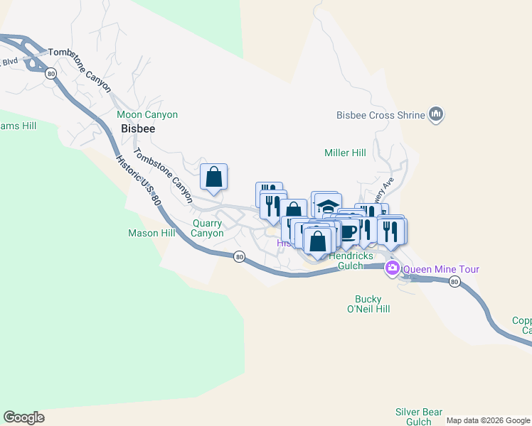 map of restaurants, bars, coffee shops, grocery stores, and more near 211 Tombstone Canyon Road in Bisbee