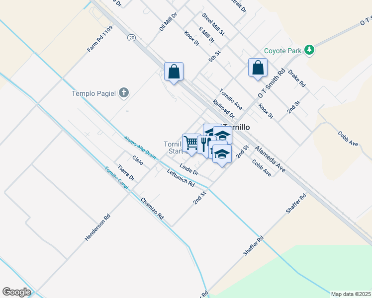 map of restaurants, bars, coffee shops, grocery stores, and more near 190 Flor Del Rio Drive in Tornillo
