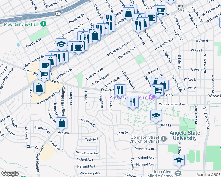 map of restaurants, bars, coffee shops, grocery stores, and more near 2700-2798 Live Oak St in San Angelo