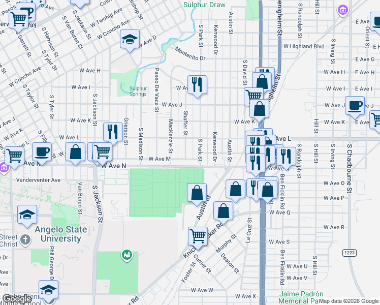 map of restaurants, bars, coffee shops, grocery stores, and more near 1601-1621 South Park Street in San Angelo