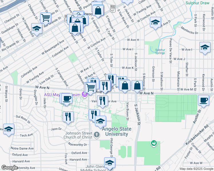 map of restaurants, bars, coffee shops, grocery stores, and more near 2213 West Avenue L in San Angelo