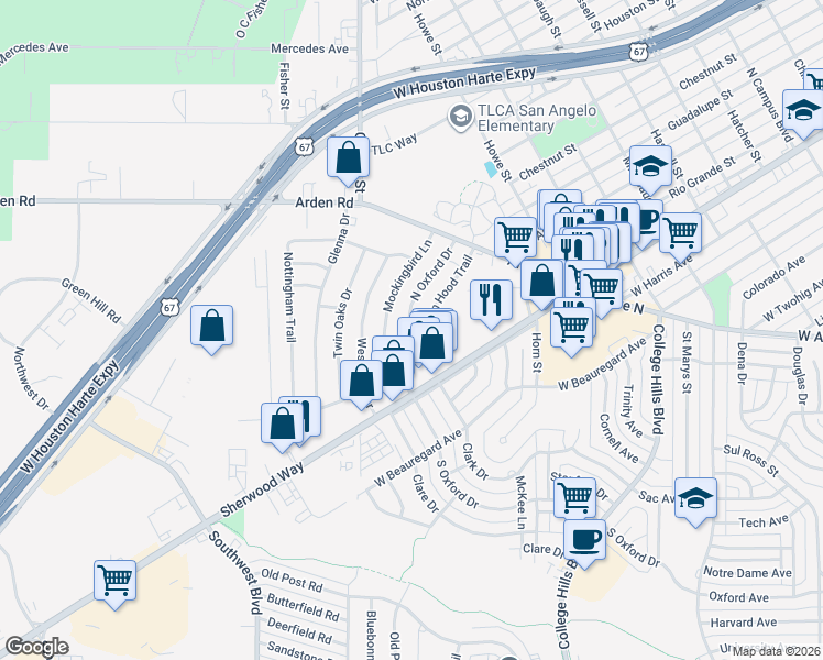 map of restaurants, bars, coffee shops, grocery stores, and more near 233 North Oxford Drive in San Angelo