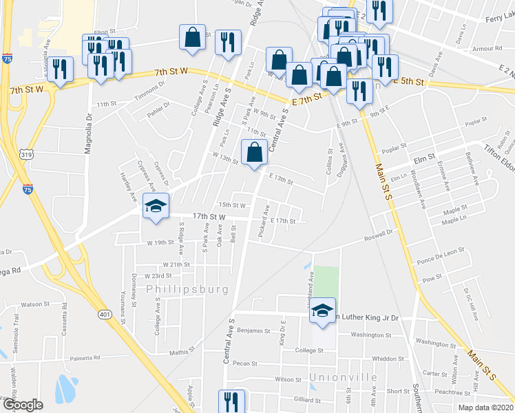 map of restaurants, bars, coffee shops, grocery stores, and more near 1501 Central Avenue South in Tifton