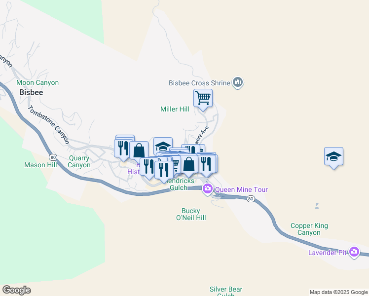 map of restaurants, bars, coffee shops, grocery stores, and more near 1-B Temby Avenue in Bisbee
