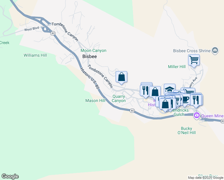 map of restaurants, bars, coffee shops, grocery stores, and more near 420 Garden Avenue in Bisbee