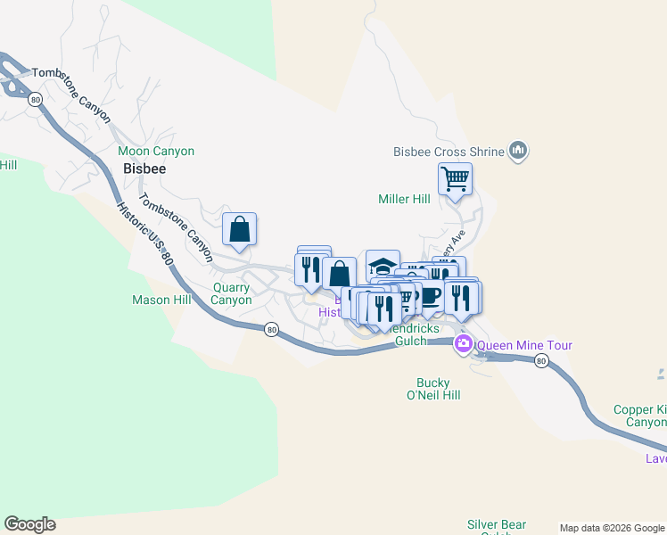 map of restaurants, bars, coffee shops, grocery stores, and more near 211 Tombstone Canyon Road in Bisbee