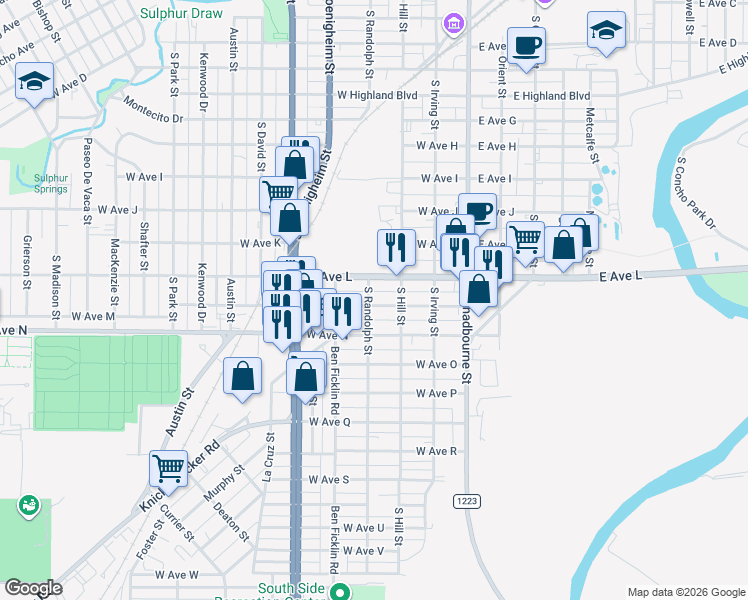 map of restaurants, bars, coffee shops, grocery stores, and more near 1600-1698 South Randolph Street in San Angelo