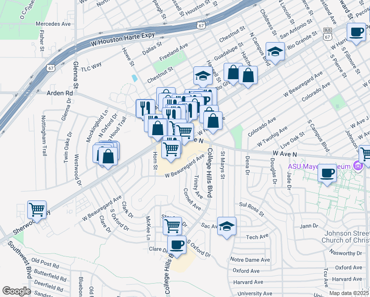 map of restaurants, bars, coffee shops, grocery stores, and more near 3301 Sherwood Way in San Angelo
