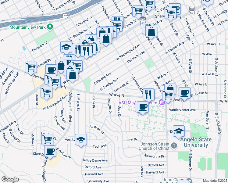 map of restaurants, bars, coffee shops, grocery stores, and more near 2798 Live Oak St in San Angelo