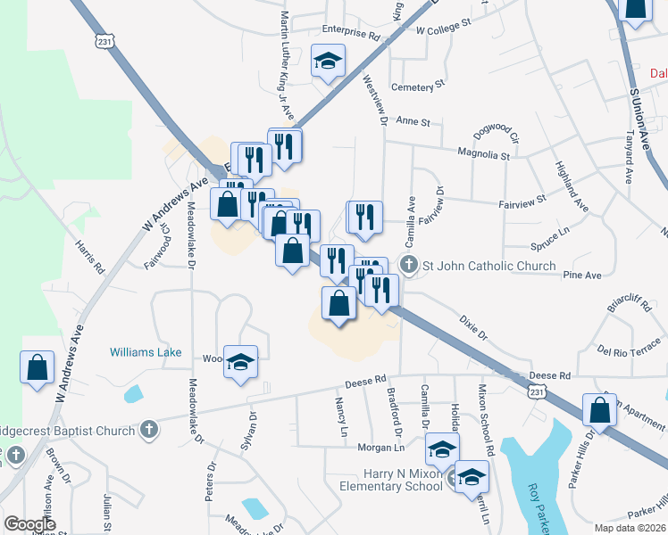 map of restaurants, bars, coffee shops, grocery stores, and more near North US Highway 231 in Ozark