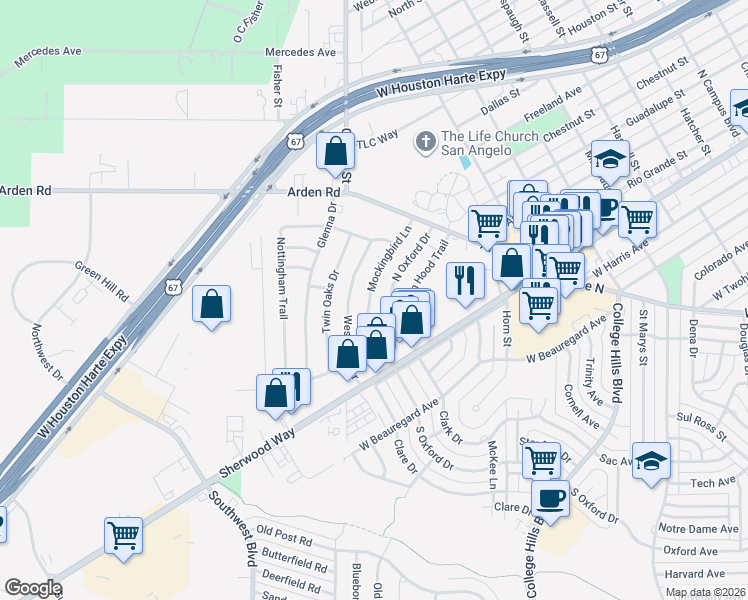 map of restaurants, bars, coffee shops, grocery stores, and more near 233 North Oxford Drive in San Angelo