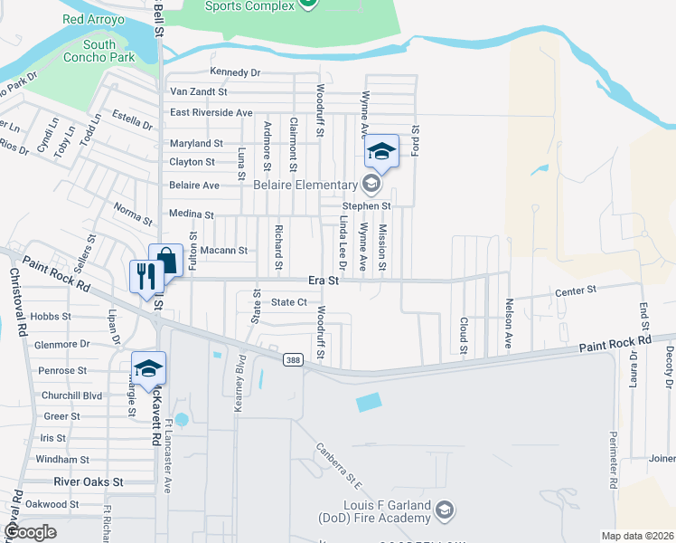 map of restaurants, bars, coffee shops, grocery stores, and more near 1614 Woodruff Street in San Angelo