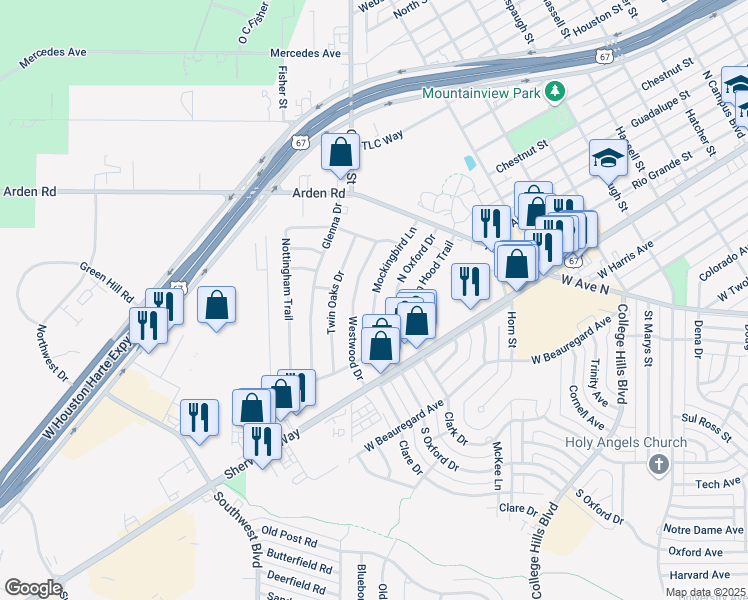 map of restaurants, bars, coffee shops, grocery stores, and more near 239 Mockingbird Lane in San Angelo