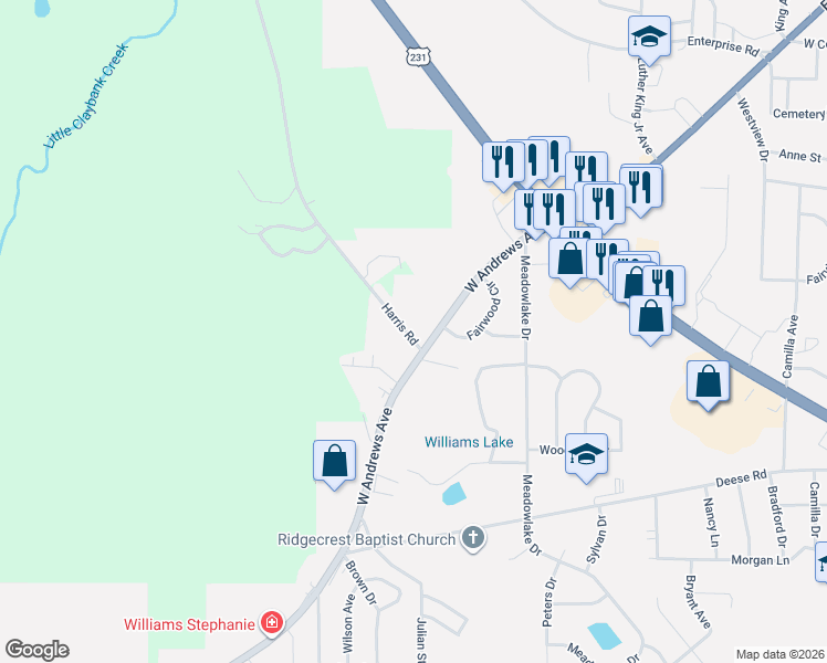 map of restaurants, bars, coffee shops, grocery stores, and more near 1339 Harris Road in Ozark