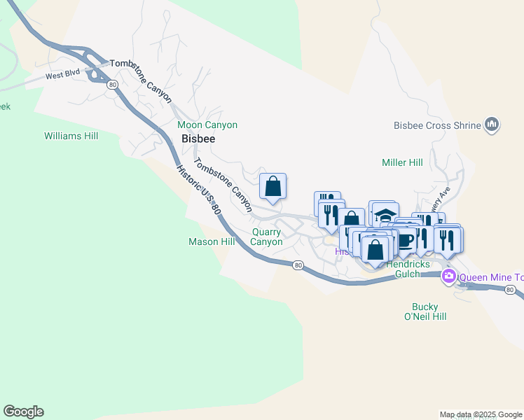 map of restaurants, bars, coffee shops, grocery stores, and more near 420 Garden Avenue in Bisbee