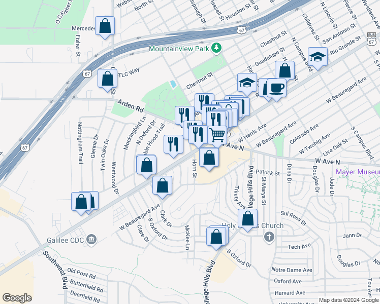 map of restaurants, bars, coffee shops, grocery stores, and more near 101-299 Horn St in San Angelo