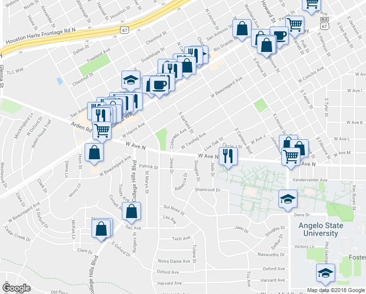 map of restaurants, bars, coffee shops, grocery stores, and more near 2846 West Twohig Avenue in San Angelo