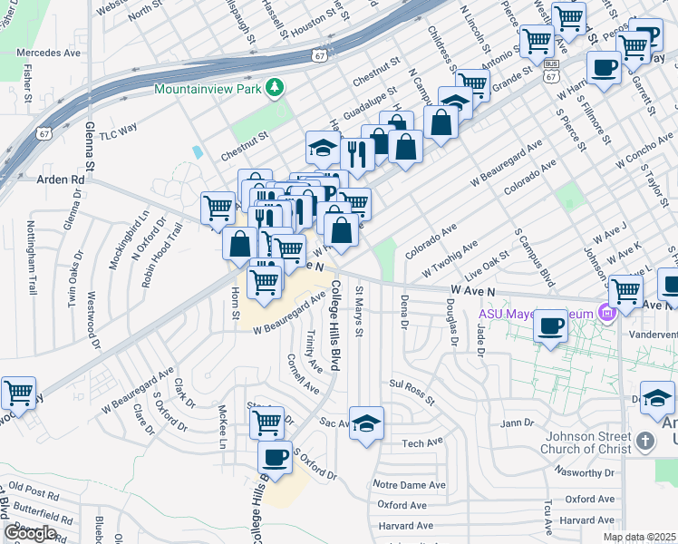 map of restaurants, bars, coffee shops, grocery stores, and more near 3014 W Ave N in San Angelo