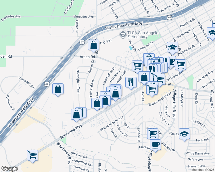 map of restaurants, bars, coffee shops, grocery stores, and more near 233 North Oxford Drive in San Angelo