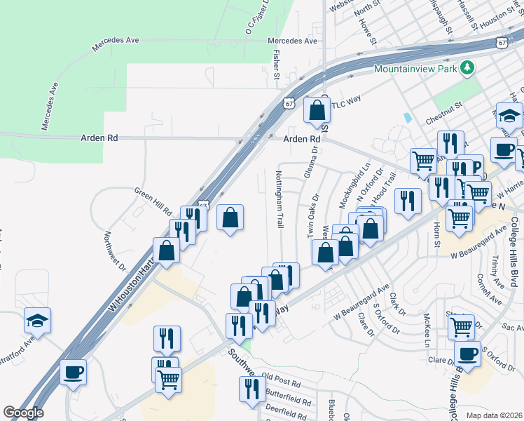 map of restaurants, bars, coffee shops, grocery stores, and more near 271 Amistad Road in San Angelo