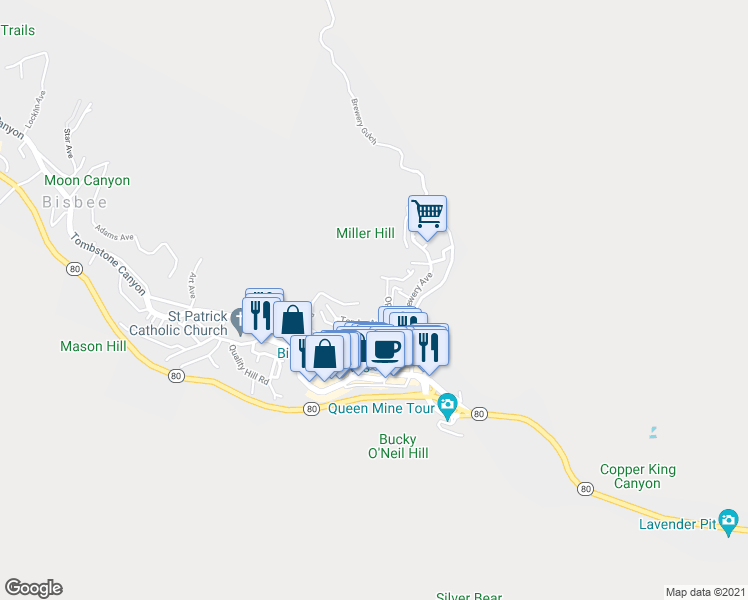 map of restaurants, bars, coffee shops, grocery stores, and more near 1-B Temby Avenue in Bisbee