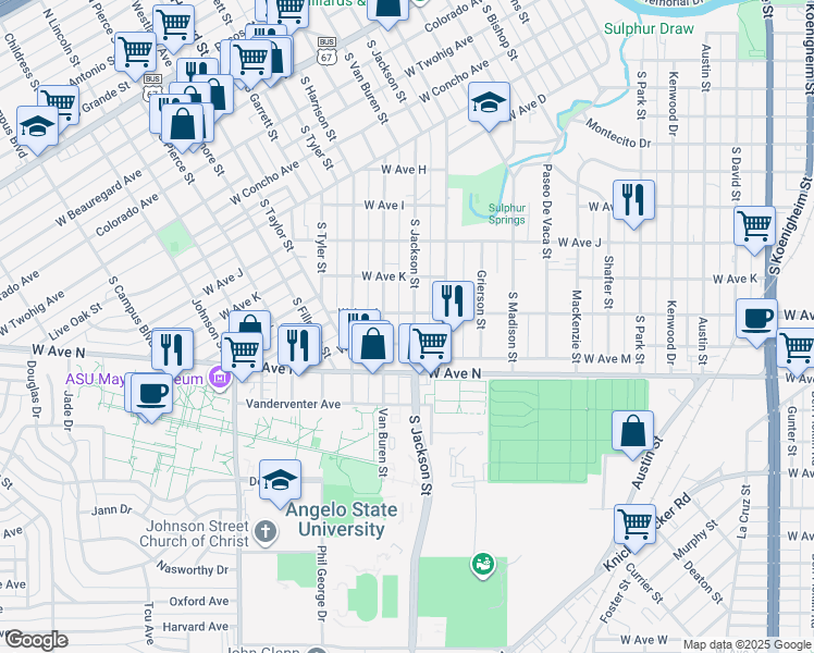 map of restaurants, bars, coffee shops, grocery stores, and more near 1609 South Jackson Street in San Angelo