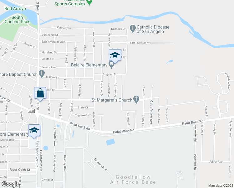 map of restaurants, bars, coffee shops, grocery stores, and more near 1638 Mission Street in San Angelo