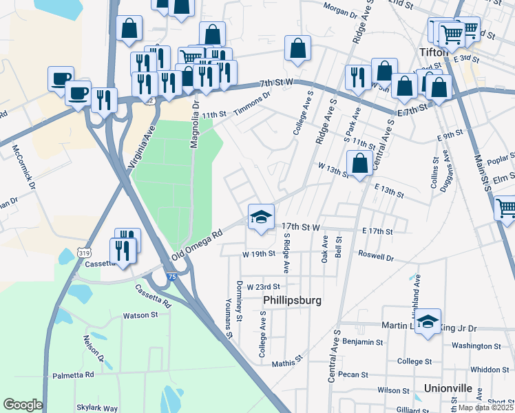 map of restaurants, bars, coffee shops, grocery stores, and more near 365 Cypress Avenue in Tifton