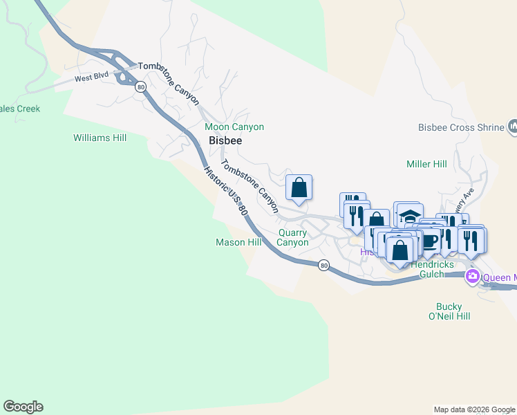 map of restaurants, bars, coffee shops, grocery stores, and more near 514 Brophy Avenue in Bisbee