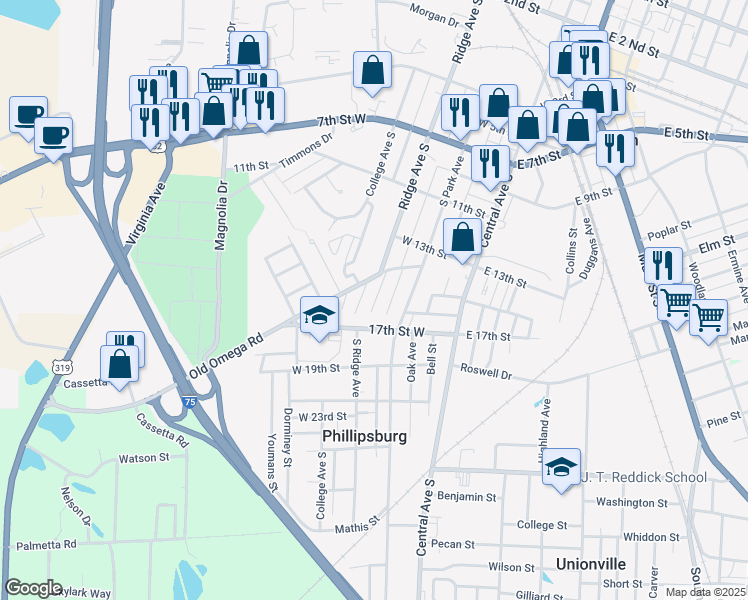 map of restaurants, bars, coffee shops, grocery stores, and more near 310 Old Omega Rd in Tifton