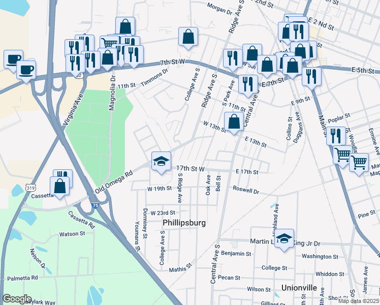 map of restaurants, bars, coffee shops, grocery stores, and more near 1504 South Park Avenue in Tifton