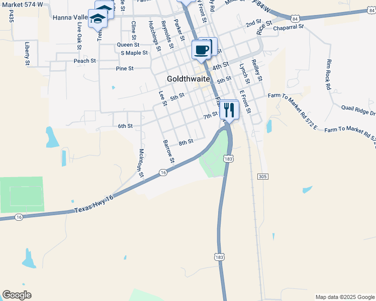 map of restaurants, bars, coffee shops, grocery stores, and more near 1401 8th Street in Goldthwaite