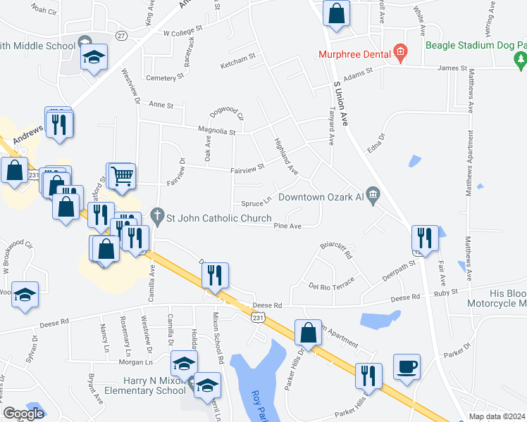 map of restaurants, bars, coffee shops, grocery stores, and more near 269 Spruce Lane in Ozark