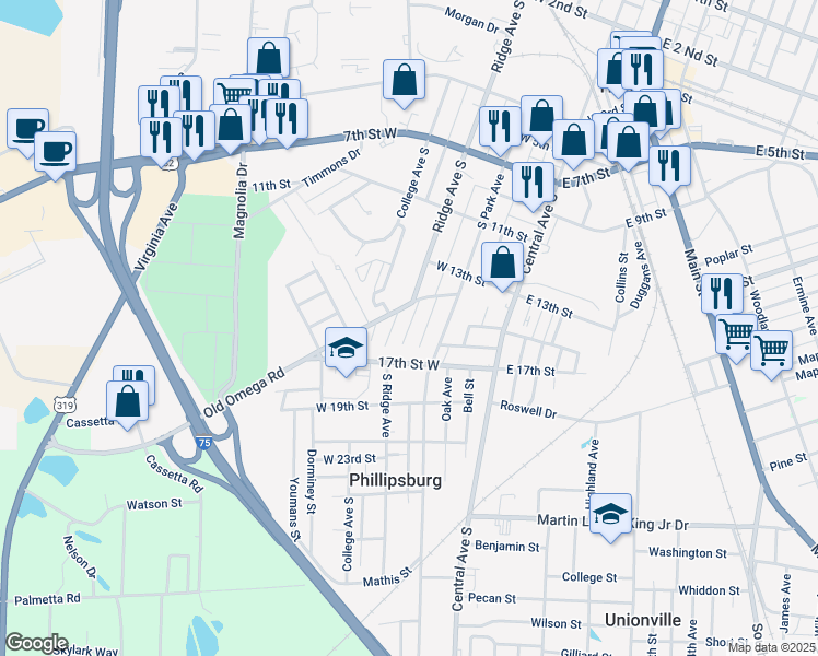 map of restaurants, bars, coffee shops, grocery stores, and more near 1504 South Park Avenue in Tifton