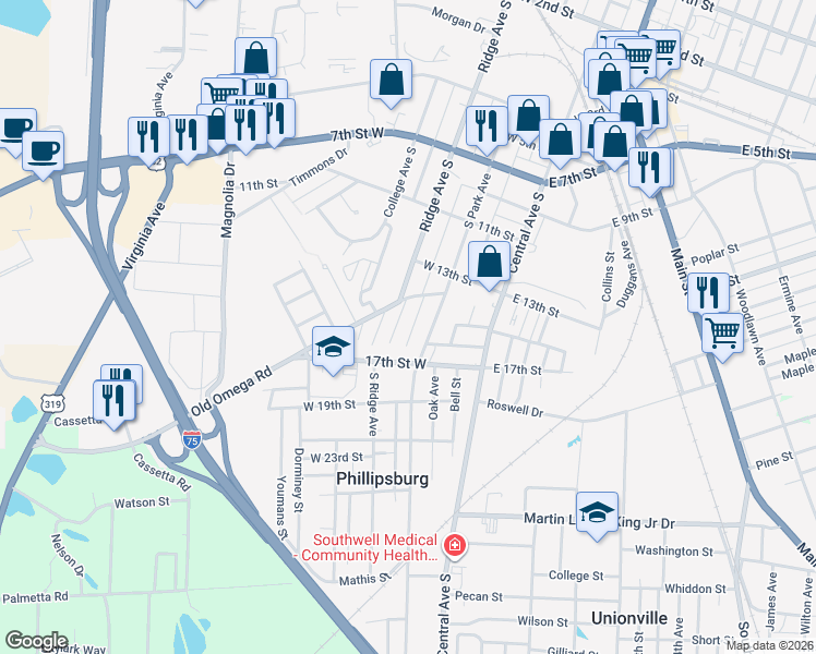 map of restaurants, bars, coffee shops, grocery stores, and more near 310 Old Omega Road in Tifton