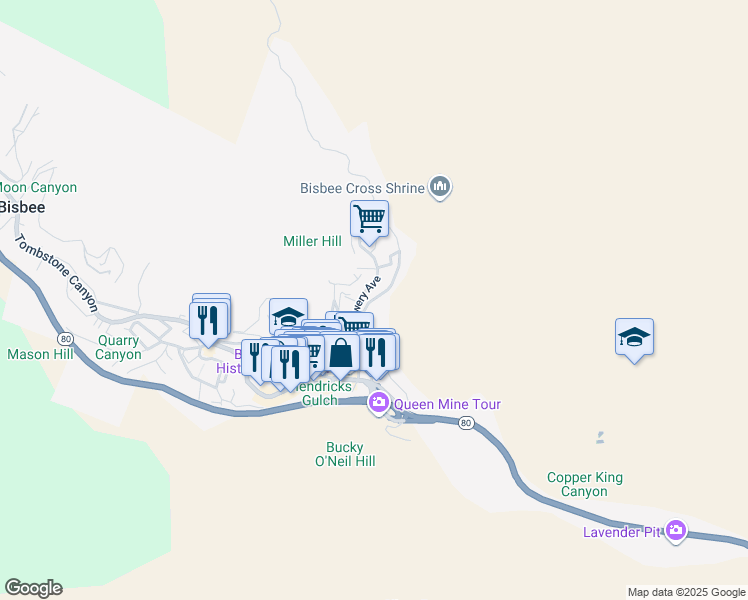 map of restaurants, bars, coffee shops, grocery stores, and more near Ok Street in Bisbee