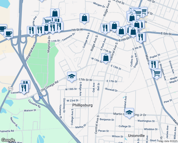 map of restaurants, bars, coffee shops, grocery stores, and more near 310 Old Omega Road in Tifton