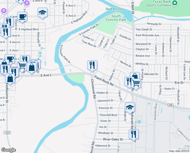 map of restaurants, bars, coffee shops, grocery stores, and more near 100 Paint Rock Road in San Angelo