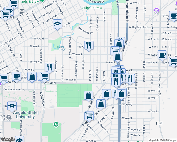 map of restaurants, bars, coffee shops, grocery stores, and more near 1601 South Park Street in San Angelo