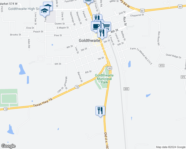 map of restaurants, bars, coffee shops, grocery stores, and more near 1401 8th Street in Goldthwaite